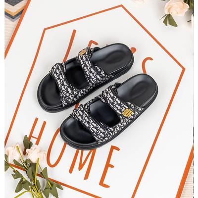 D Zuhause im gleichen Stil Klettverschluss Canvas Dicksohlige Weichsohlige Zehenfreie Hausschuhe Runde Zehenpartie Vielseitig Urlaub Strand Ein-Wort Cool Hausschuhe