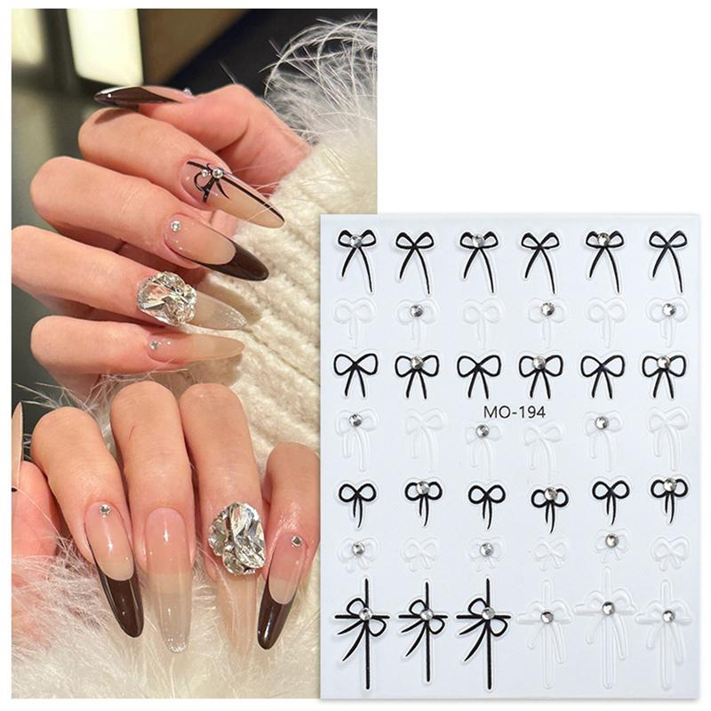 Black White Red Bowknot Nail Sticker Glue Crystal Diamond Adhesive Nail Art Decorations Girls Nail Decals Design