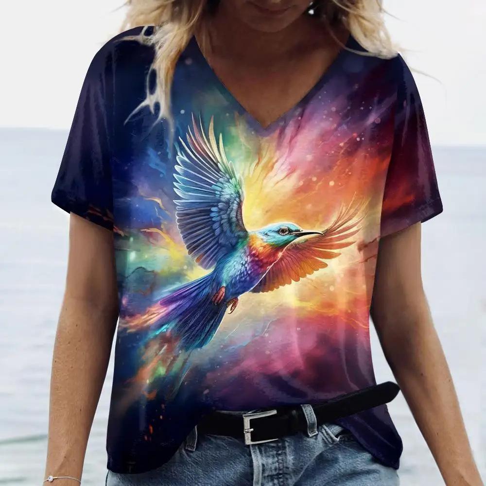 Summer Fashion Bird Parrot 3D Print T-Shirts Women V-Neck Short Sleeve T Shirt Y2k Tops Tees Oversized Harajuku Woman Clothing