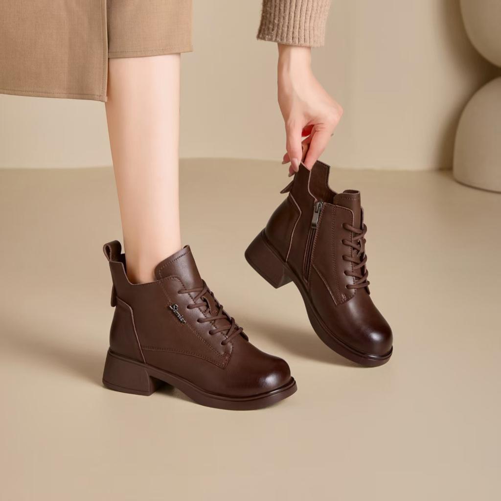 Leather Retro Martin Boots Women's British Style Round Head Thick Heel Short Boots 2025 Autumn and Winter New Height-increasing Boots