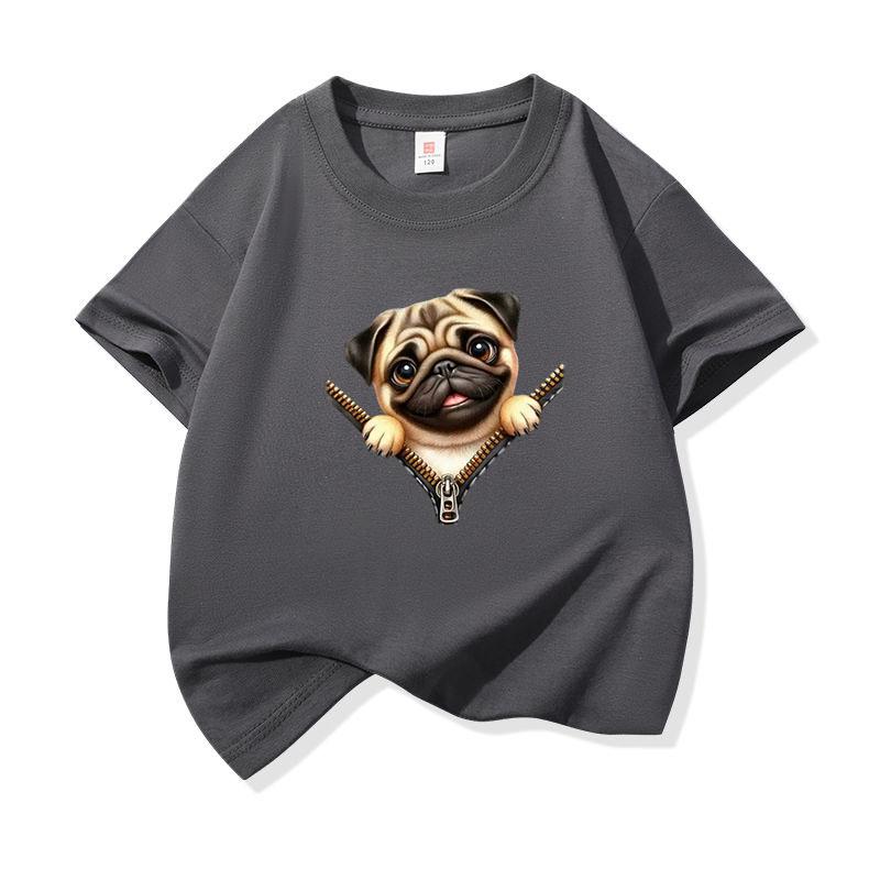 Kids Cotton T Shirt Charming Pug Dog Zipper Print Crew Neck Short Sleeve Tee Casual Breathable Boys Girls Summer Tops