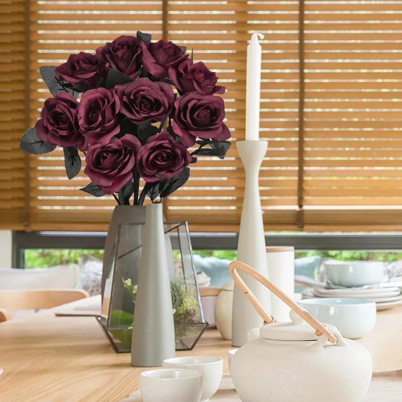 5/10pcs Dark Red Artificial Silk Rose Bouquet Realistic Fake Roses for Halloween Xmas Home Wedding Party Decor