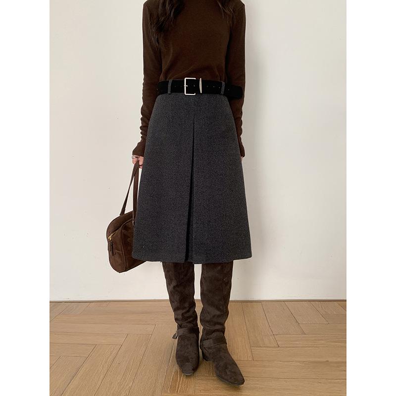 Houston College Korean Style Polka Dot High-Waisted Wool A-Line Midi Skirt S (85-100)