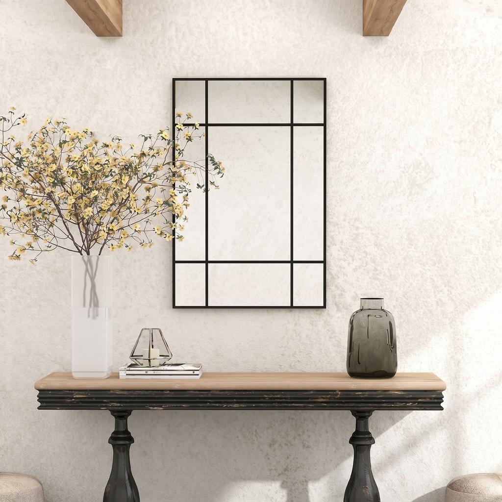 Wall Mirror, Decorative Mirror with Metal Frame, Black Stripes, Multi-Layer Glass, 90W X 2D X 60H Cm