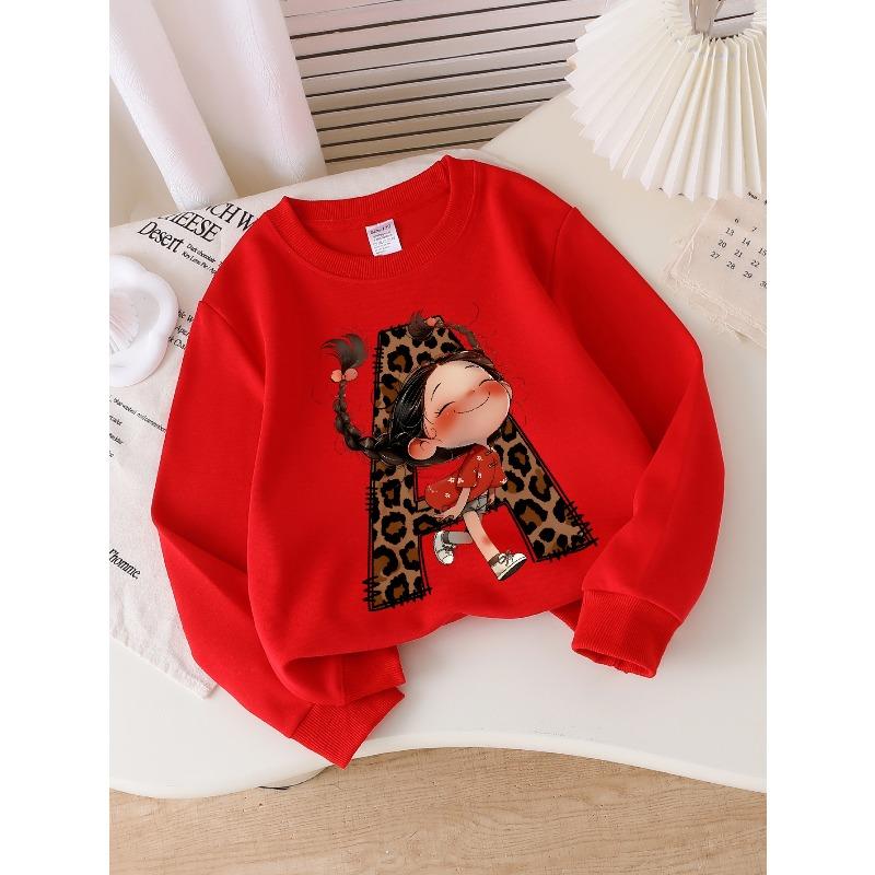 Kids Girls Crewneck Sweatshirt, Leopard Print Letter A With Cute Braided Little Girl Cartoon Print Soft Fleece Pullover