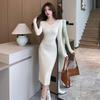 Autumn Vintage V-neck Waist Design Slim-fitting and Thin Hip Skirt Long-sleeved Women's Knitted Dress