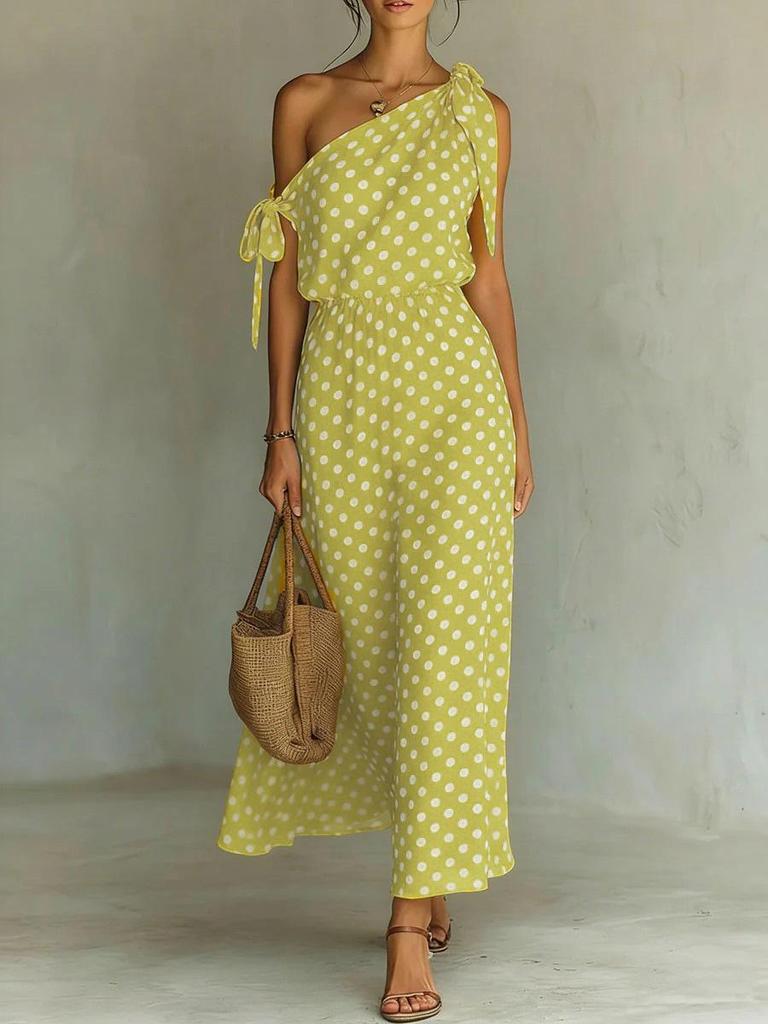 2026 European & American Style Women's Off-the-Shoulder Sleeveless Polka Dot Casual Dress