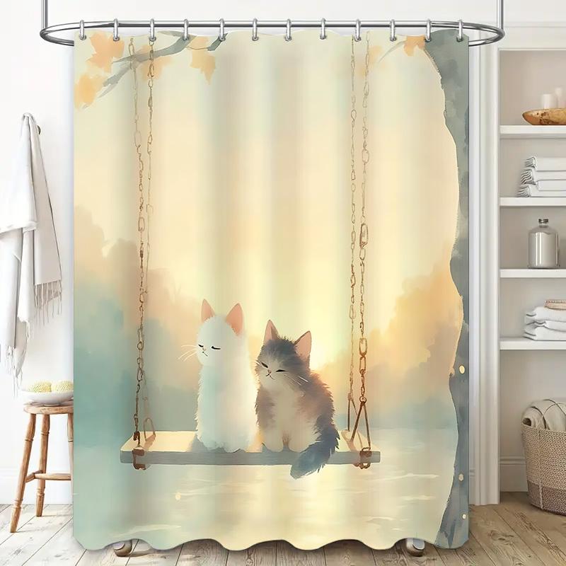 

Cute Cat Swing Shower Curtain For Bathroom - Soft And Warm Illustration Of Two Kittens Sitting On A Swing Waterproof Durable W60H190(CM)-1 Pcs