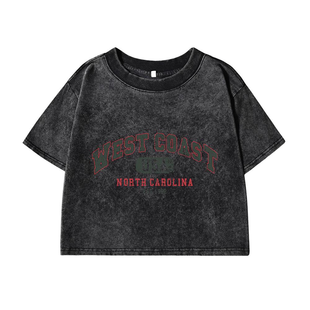 Womans Cotton Crop Distressed Washed T-Shirts West Coast Usa North Carolina Prints Short Sleeve Street Clothes