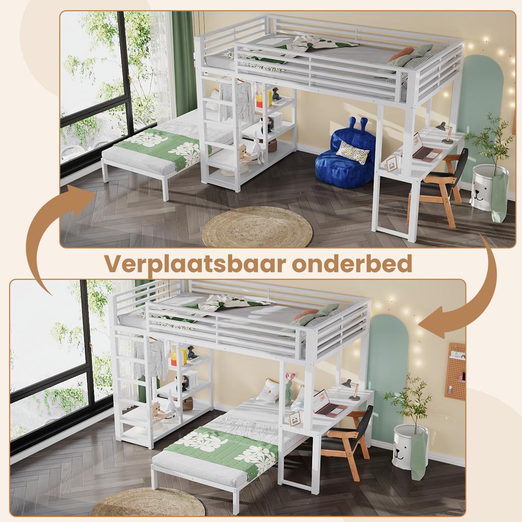 Two Sleeping Places, Loft Bed, Iron Frame, 90 x 200 cm, Desk, Socket USB and Type-C Port, Shelves, Clothes, EN747 Certified, Without Mattress, White