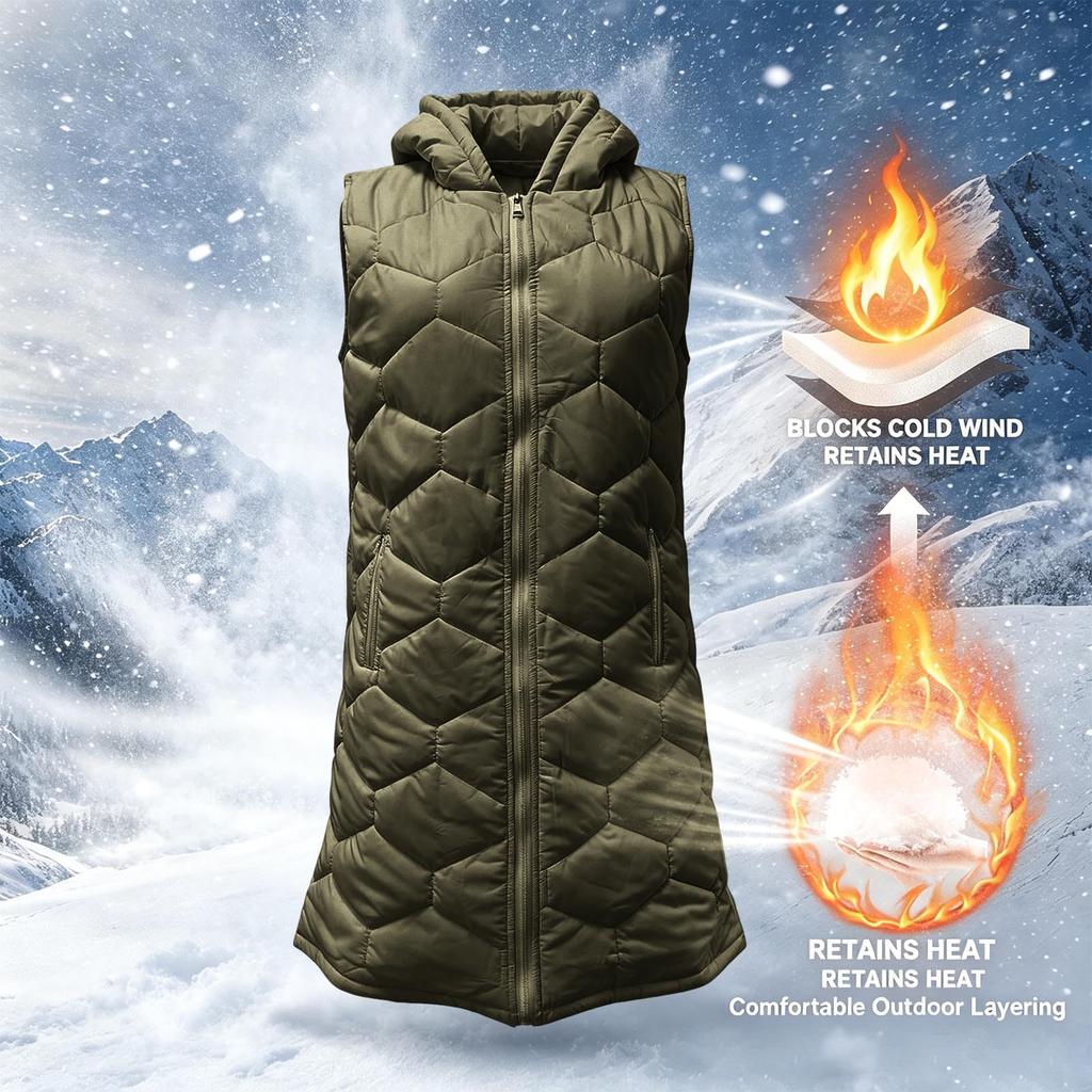 Women's Casual Long Hooded Sleeveless Padded Vest