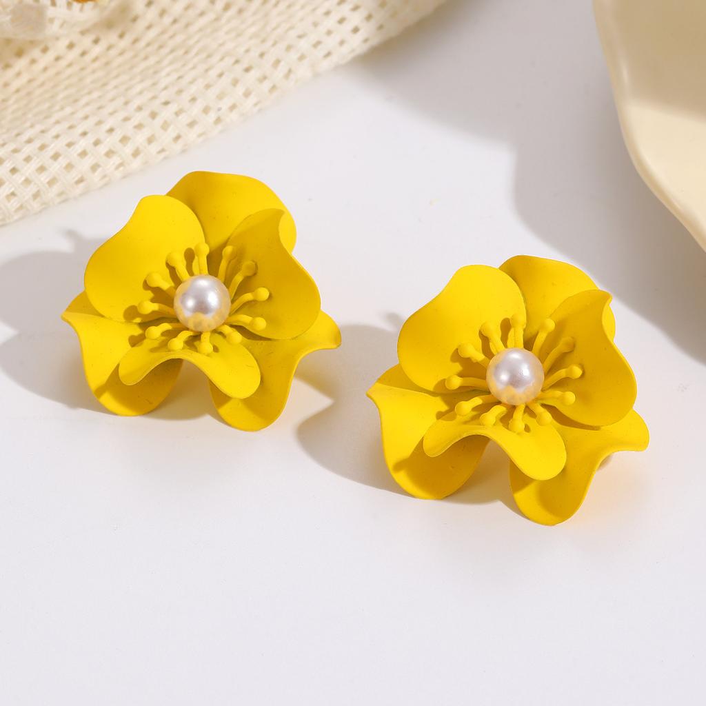 Fashion Trend Versatile Flower Earrings Double Petal Earrings Stems Pearl Color Spray Paint Earrings