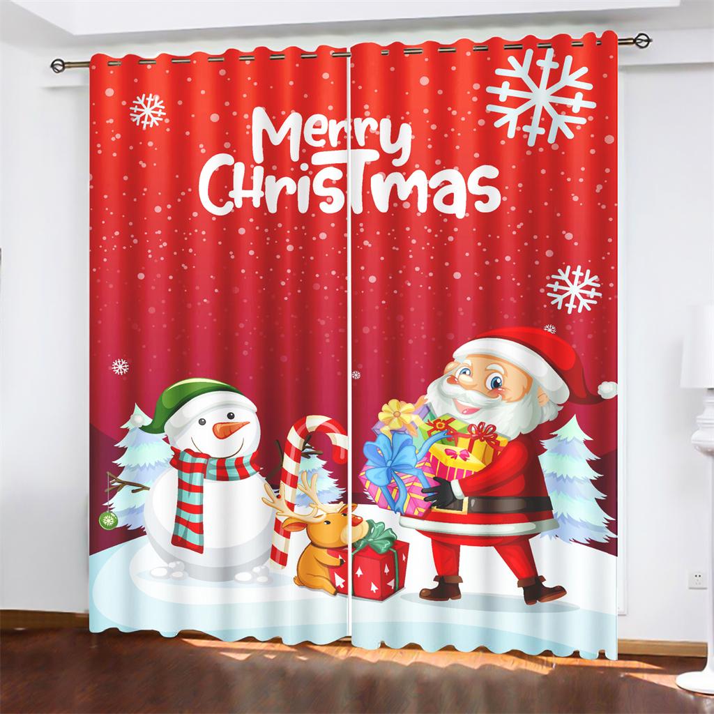 3D Julgardiner Tecknad Jultomte Klocka Snögubbe Röda Gardiner Vardagsrum Sovrum Kök Fönsterdekor 2 st