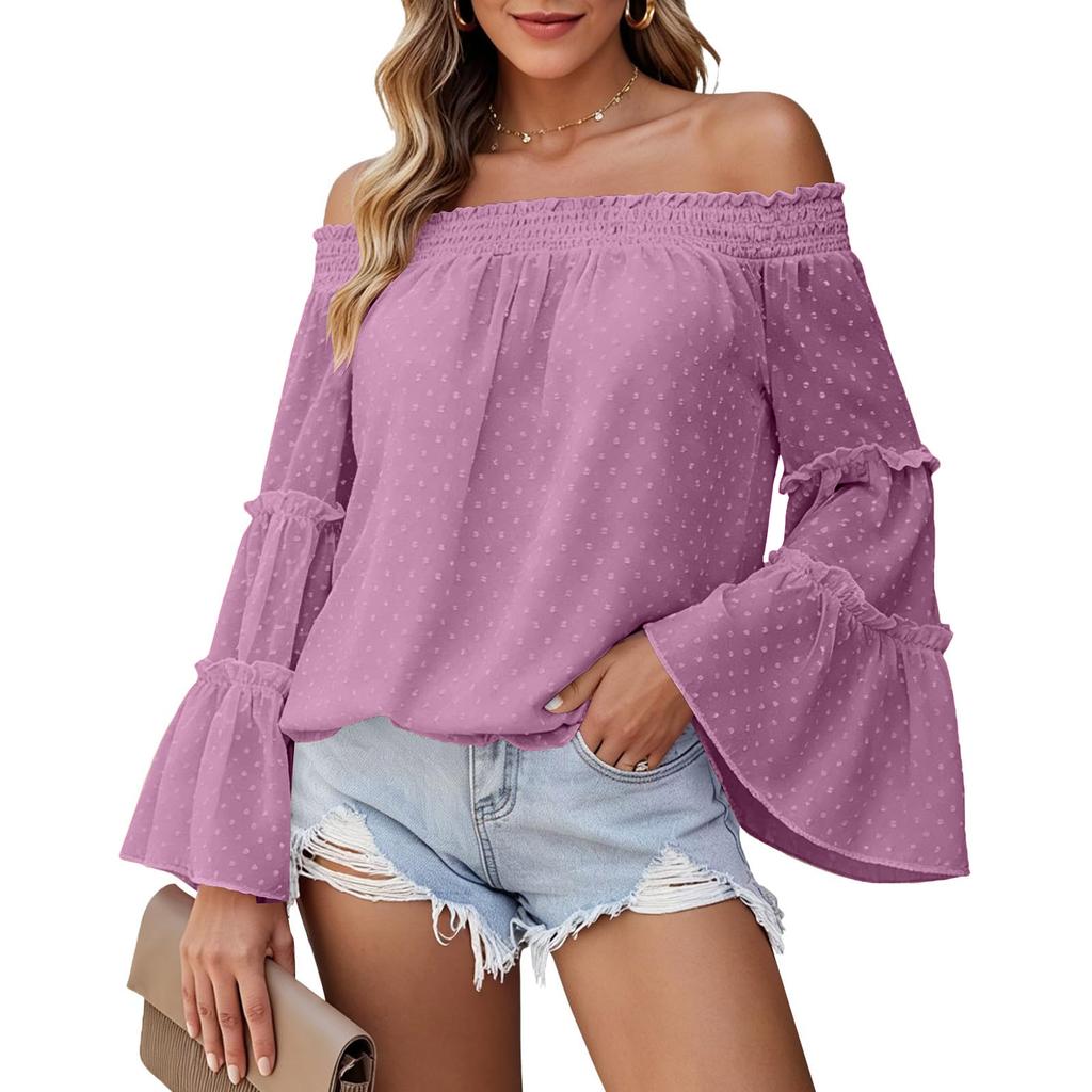 Women Off Shoulder Blouse Long Bell Sleeve Casual Loose Fit Lightweight Top with Smocked Neckline and Ruffle Detail