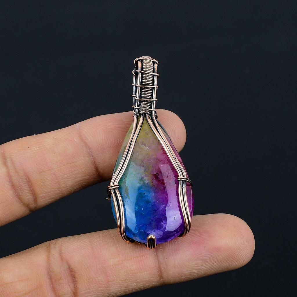 Natural Rainbow Solar Quartz Gemstone Copper Wire Wrap Gift Pendant 2.4" P3W66