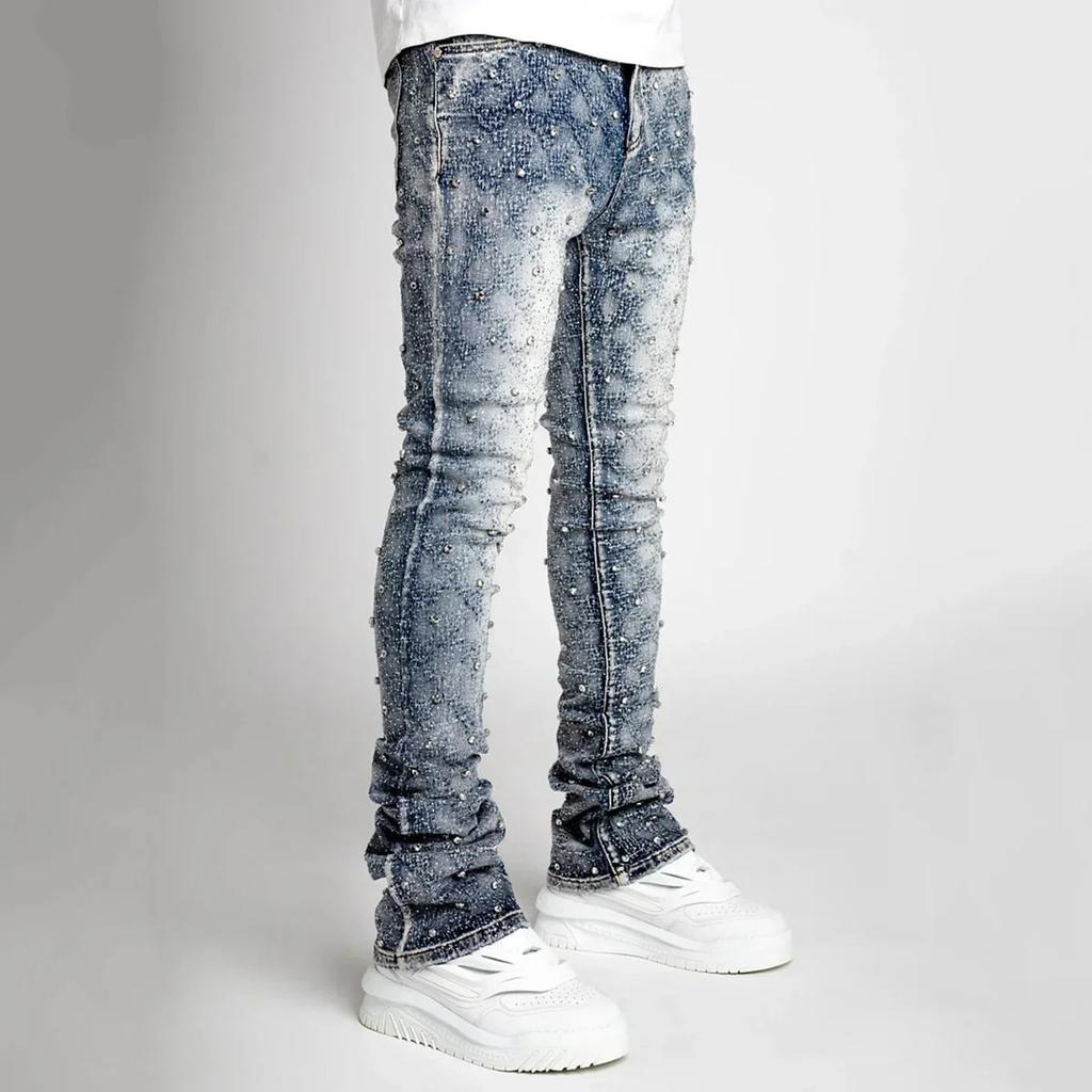 RogueWave Men Denim Fashion Individualistic Straight-leg Men Trousers European and American Fashion Elastic Pearl Denim Layered Long Pants