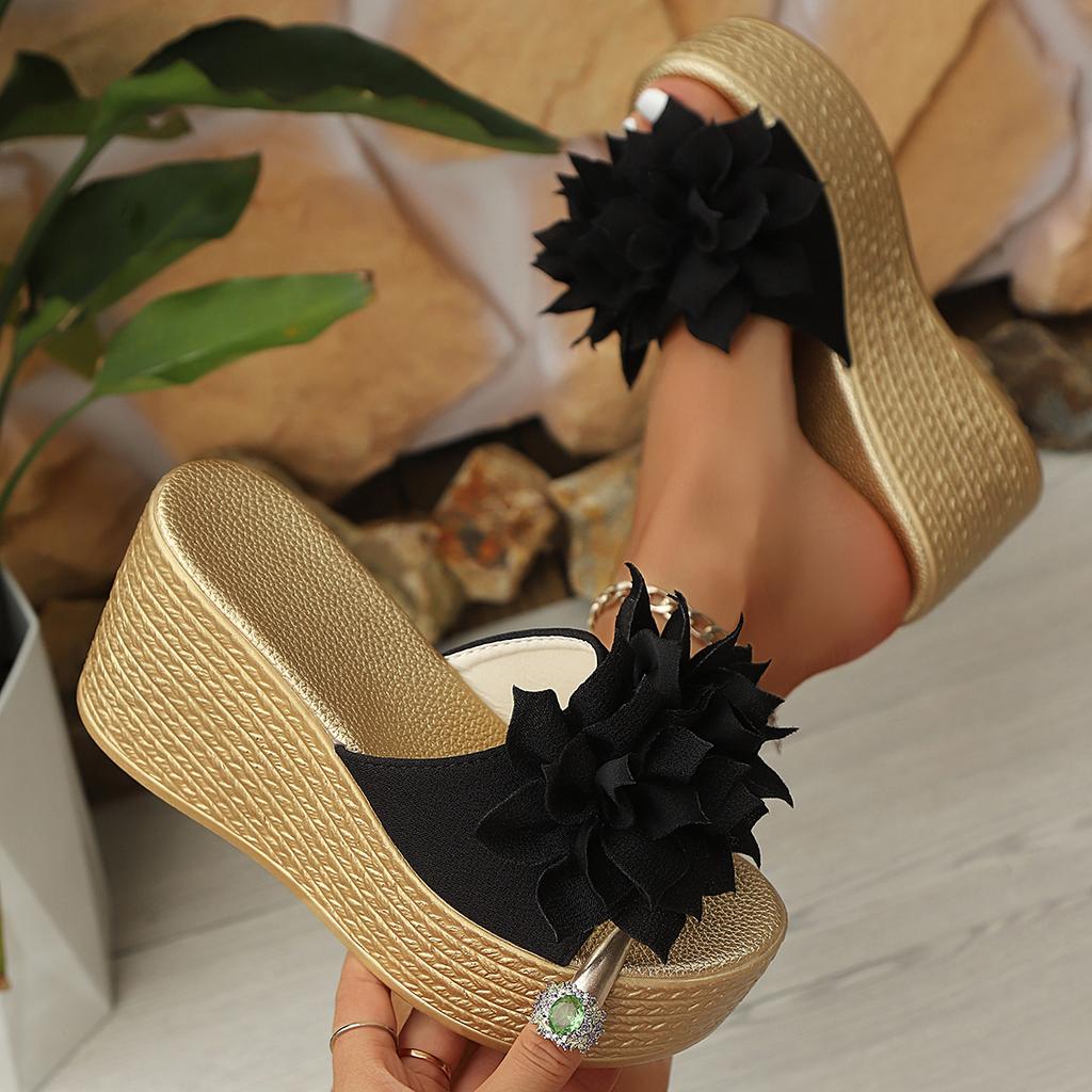 Fashion 2025 New Wedges Sandals Women Slippers Summer Beach Platform Shoes Flower Round Solid Color Women High Heel Slippers Women