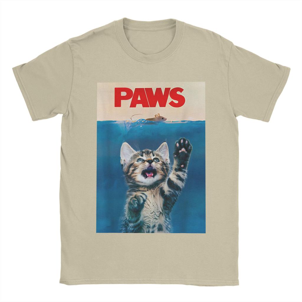 PAWS Funny Cat parody cat Lover Gift Kitten Shark Mouse meow 100 Cotton T Shirts  Novelty Tee Shirt for Man Casual Top Tees