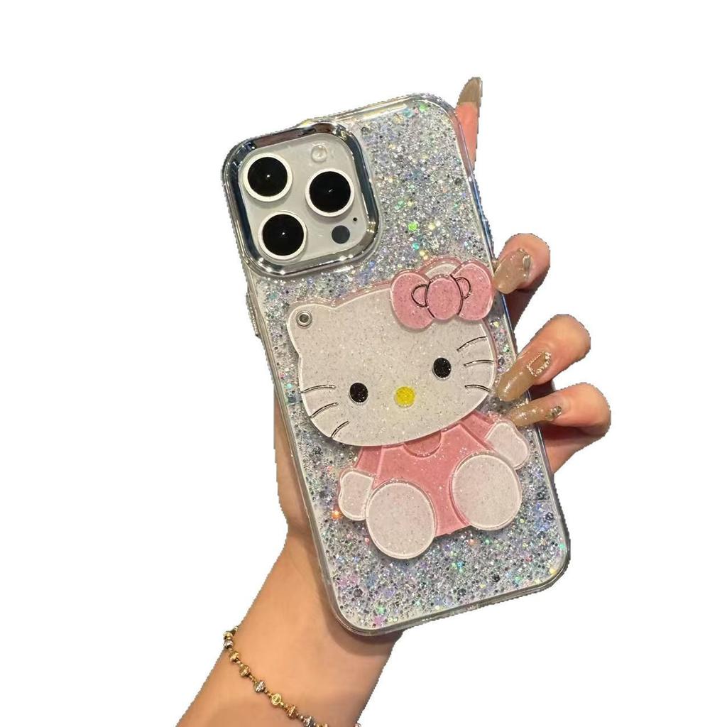KT makeup mirror is suitable for Apple 15 mobile phone case, transparent glitter, Epoxy 16promax luxury 14 electroplated silver frame.