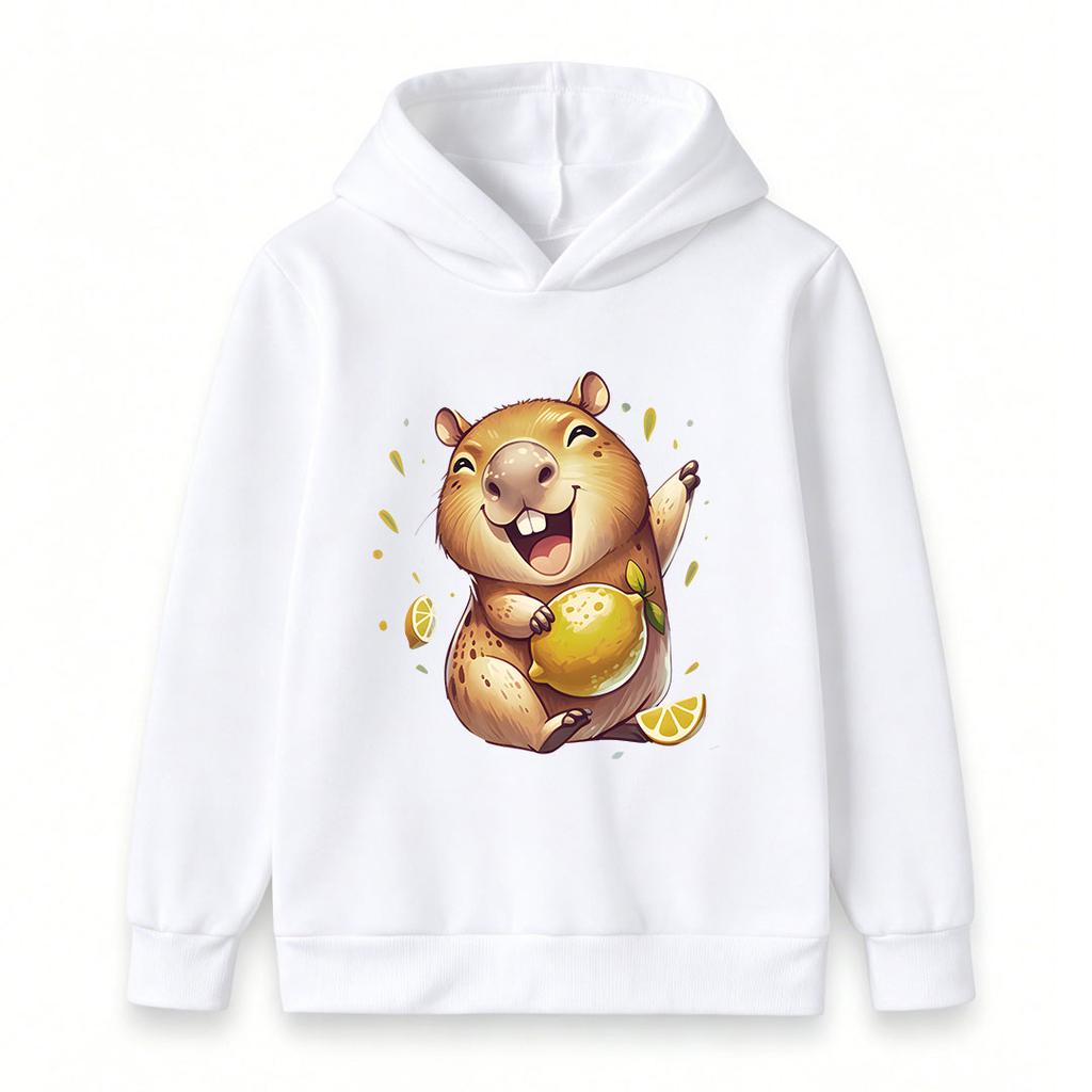 Kids Boys Girls Hooded Sweatshirt, Cute Happy Capybara Holding Lemon Print Pullover Hoodie, Soft Casual Long Sleeve Top for Children Daily Wear