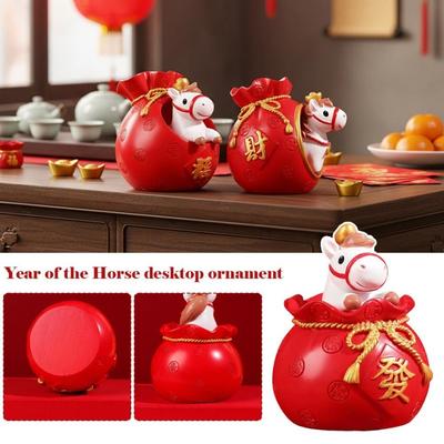 2026 Chinese New Year Year of The Horse Desktop Decor Resin Cartoon Lucky Horse Figurine Gift Bags Have Money