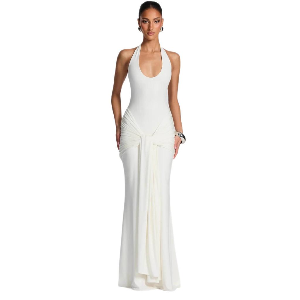 2026 European & American Women's Sleeveless U-Neck Slim-Fit Evening Gown with Waist-Cinched Ribbon