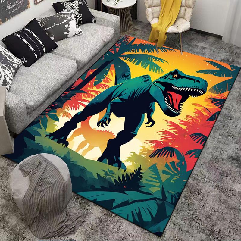 Dinosaur Jungle Rug with T-Rex Graphic and Tropical Sunset Design Suitable for use as an anti-slip for living room bedroom sofas