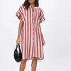Women's Casual Cotton And Linen Striped Printed Short Sleeved Shirt Dress