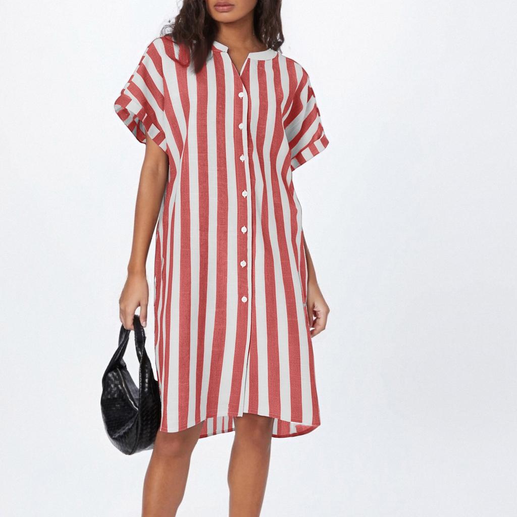 Women's Casual Cotton And Linen Striped Printed Short Sleeved Shirt Dress