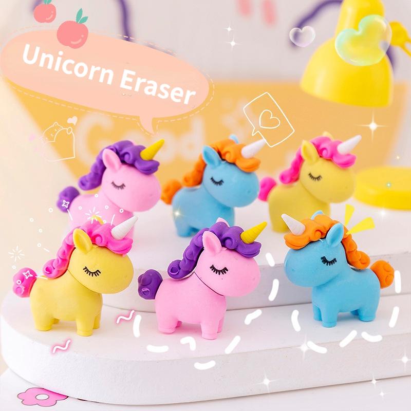 3Pcs/Lot Cute Cartoon Unicorn Eraser Kawaii 3D Pony Detachable Pencil Eraser Rubber For Kids School Student Stationery Gifts