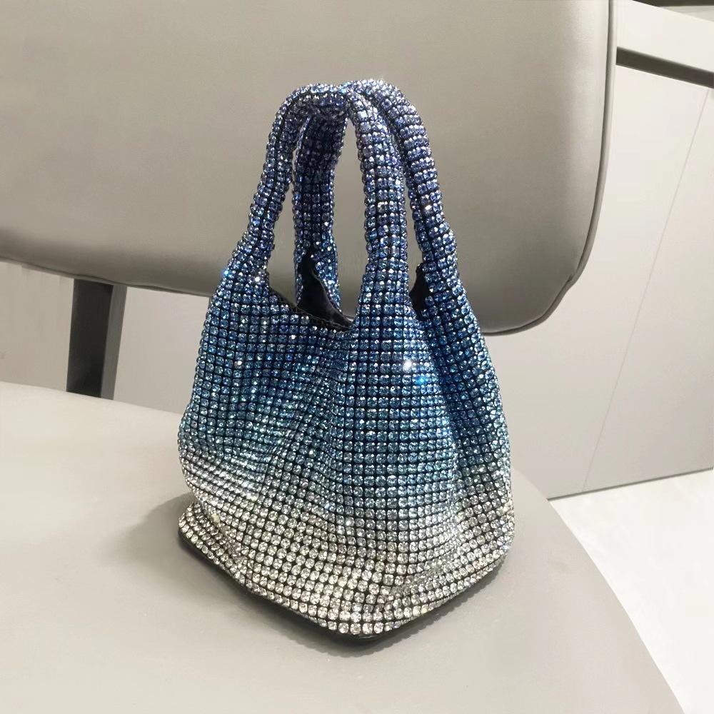 Fashion Rhinestone Small Bucket Bag for Women Sling Shoulder Crossbody Bag with Diagonal Chain Stylish Ladies Handbag