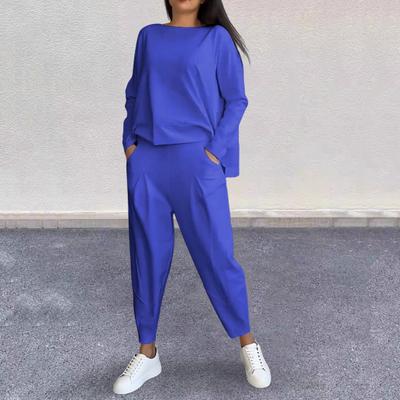 2 Pcs/Set Women Top Pants Suit Round Neck Long Sleeves Solid Color Irregular Sweatshirt Drawstring Elastic Waist Trousers Daily Wear Sport Outfit