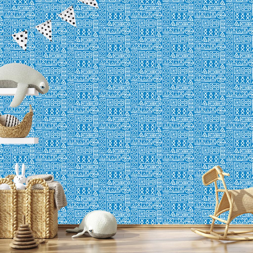 Polynesian Geometric Pattern Wallpaper Azure and Blue 50x1000