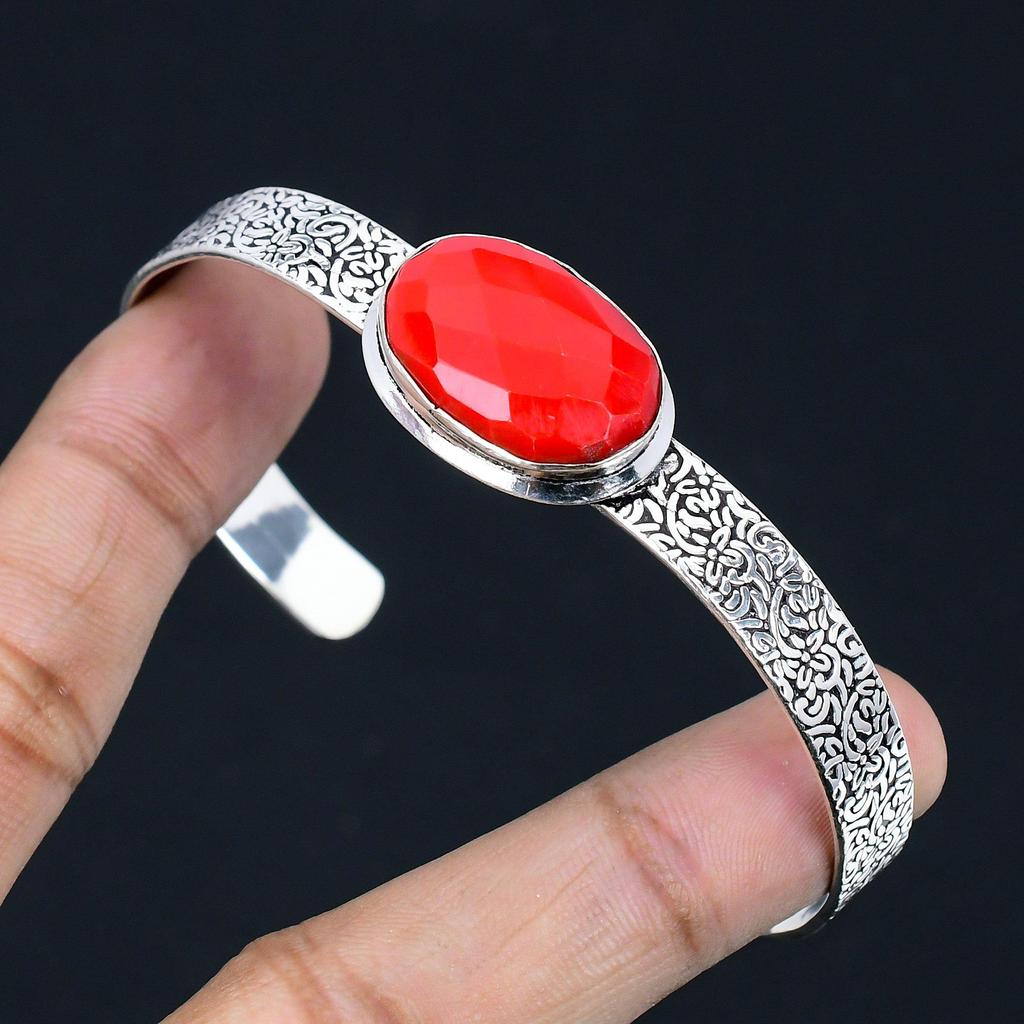 Natural Italian Coral Gemstone Bangle Adjustable 925 Sterling Silver Jewelry