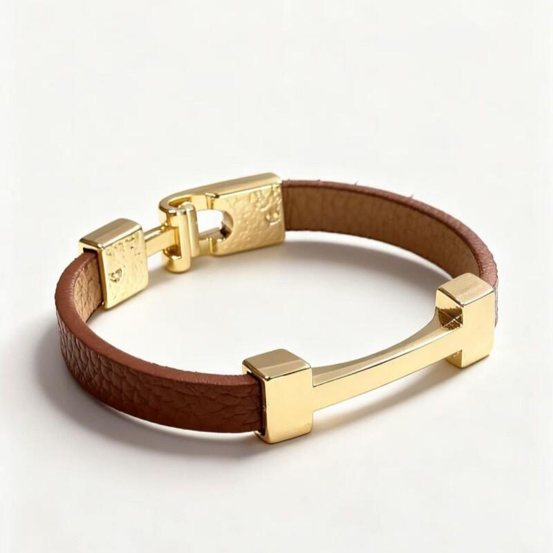 Minimalist Geometric PU Leather Flat Rope Bracelet Women Men Zinc Alloy Electroplated Brown Black Fashion Accessory