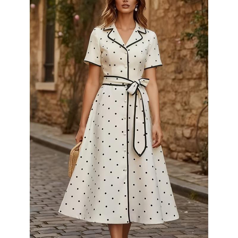French temperament V-neck tie-up polka dot dress children's summer new waist and thin temperament dress