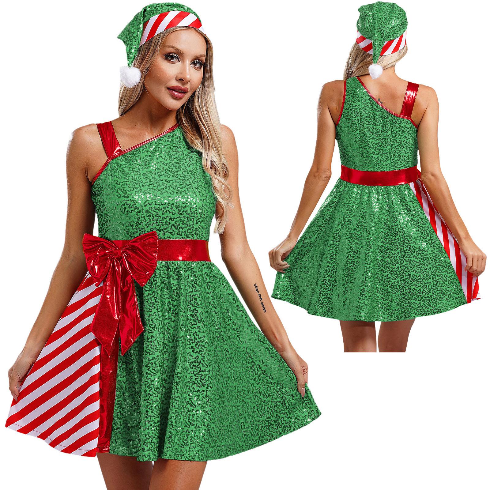 

Women Christmas Santa Claus Costume Sequins Dance Dress with Santa Hat Set Xmas Party Costume S зелений