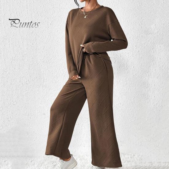 2 Pcs/Set Women Top Pants Suit Round Neck Long Sleeves Textured Solid Color Sweatshirt Elastic Waist Wide Leg Trousers Daily Wear Sport Outfit Fall