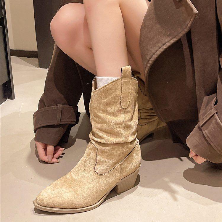 

Retro Suede Apricot Ankle Boots - Women s Western Chunky Heel Ruched Boots for Autumn/Summer 37 хаки