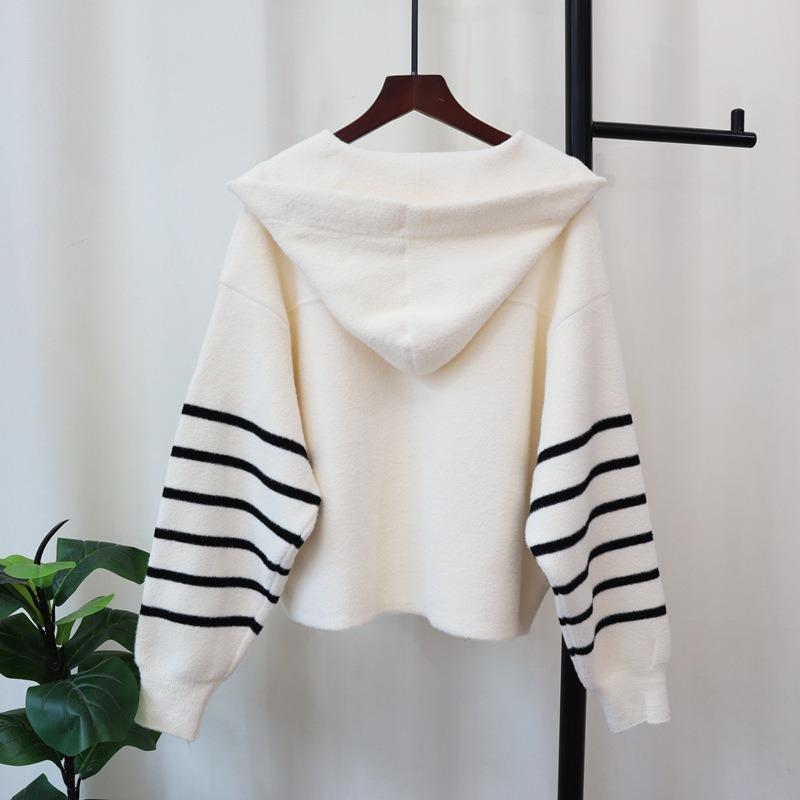 Autumn and winter new hooded sweater jacket loose striped design sense knitted double-sided cardigan women