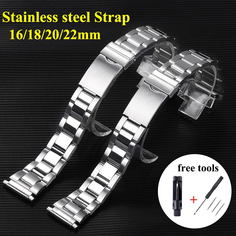 16-22mm Stainless Steel Watch Band Universal Strap Silver Folding Safety Buckle for Seiko Women Men Strap Watch Belt Accessories