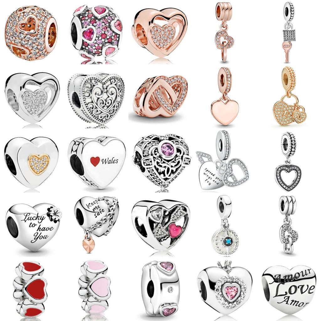 925 Silver Pink Heart Charm Pendant For Women Jewelry Making Luxury Gift Fit Bracelet Necklace Party