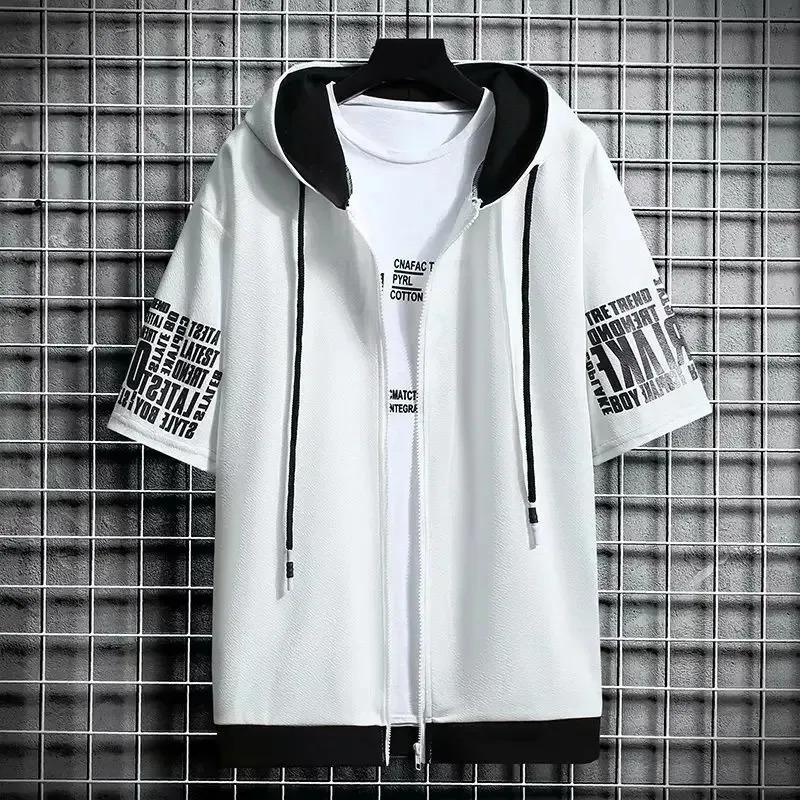 Felpe con cappuccio alla moda da uomo Estate Abbigliamento da uomo T-shirt Cerniera Cappuccio Cartone animato Stampa Casual con cappuccio Manica corta Uomo