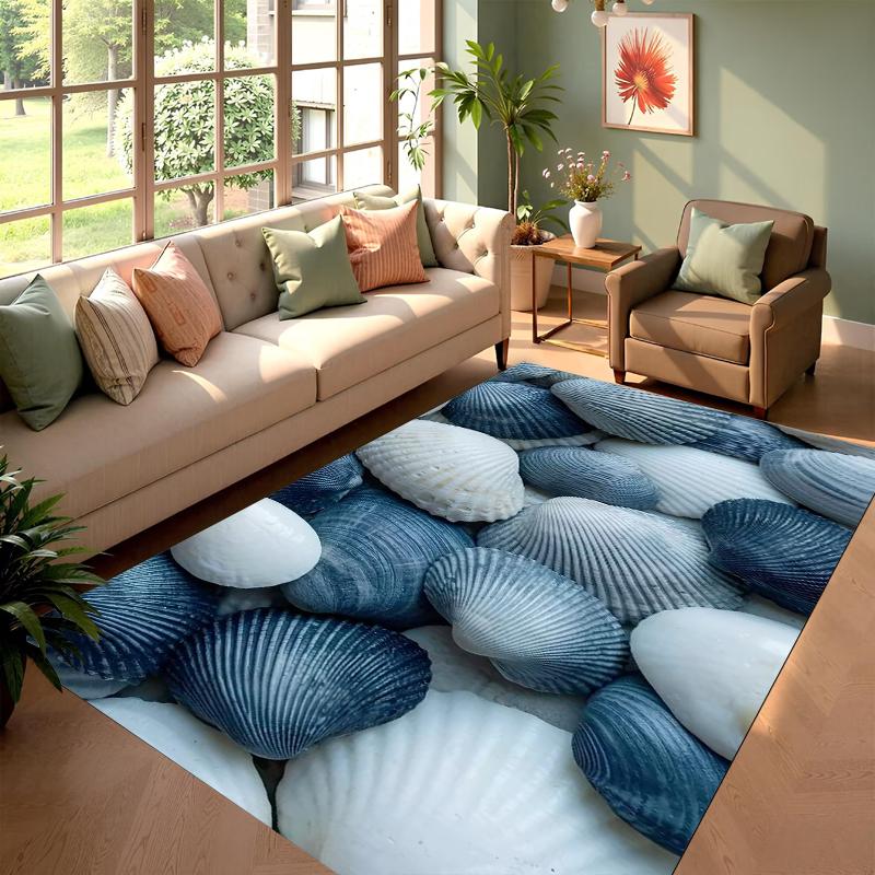 

Area Rug Floor Carpet Mat Non-Slip Washable with Lifelike Seashell Print for Coastal Home Decoration in Stunning Blue White 40X60cm
