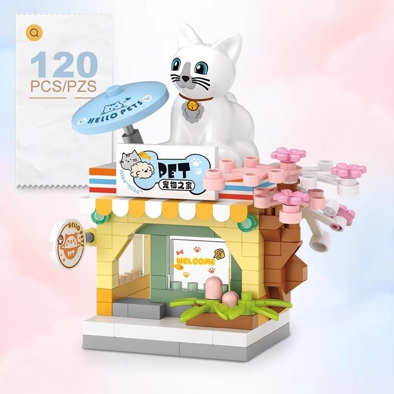 Street View Restaurant Dessert Coffee Pet Fruit Store Model Building Blocks Food House Bricks Girls Gift Toys for Kids Children