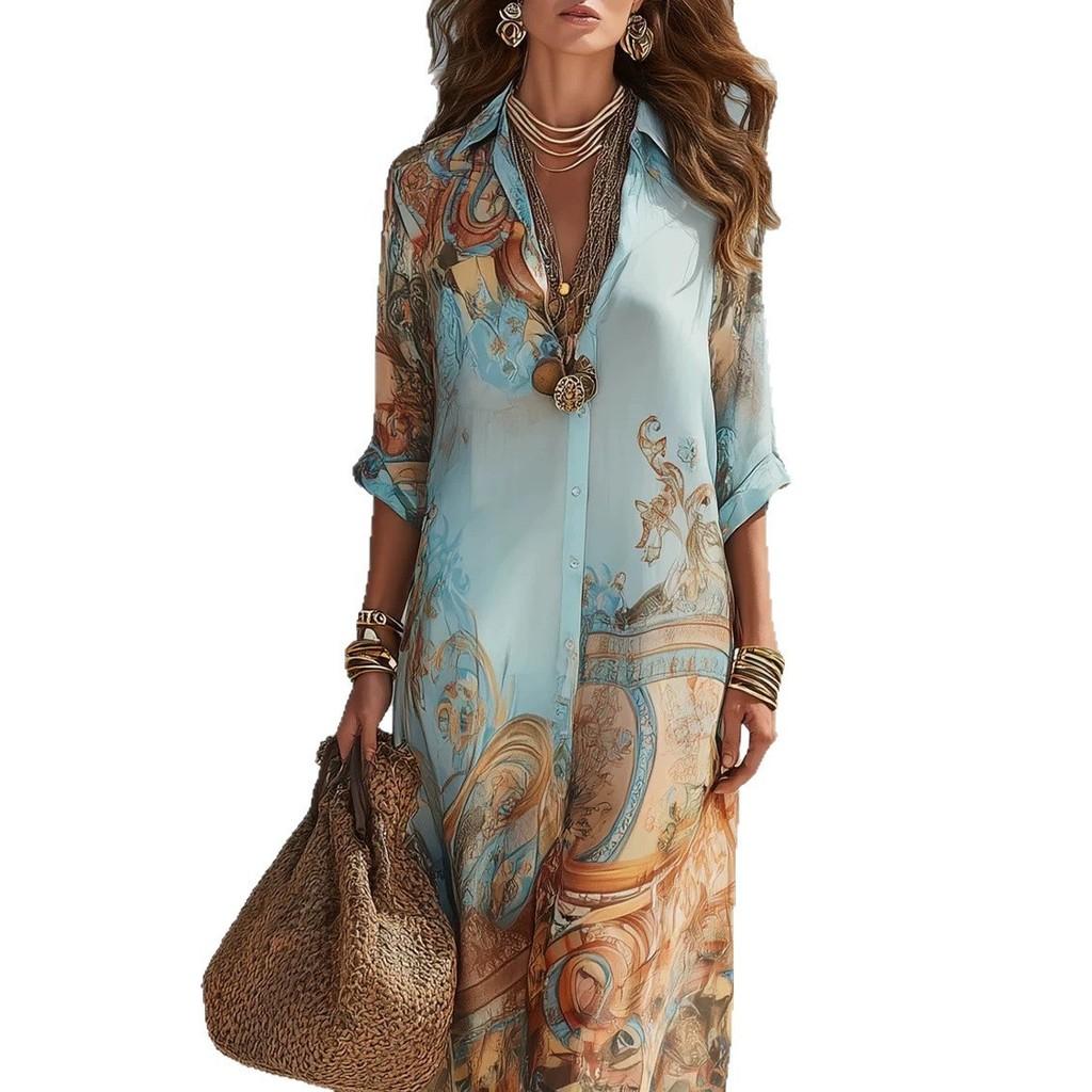 Vintage Chiffon Print Dress With Splicing Design For Casual Travel And Date Nightwear