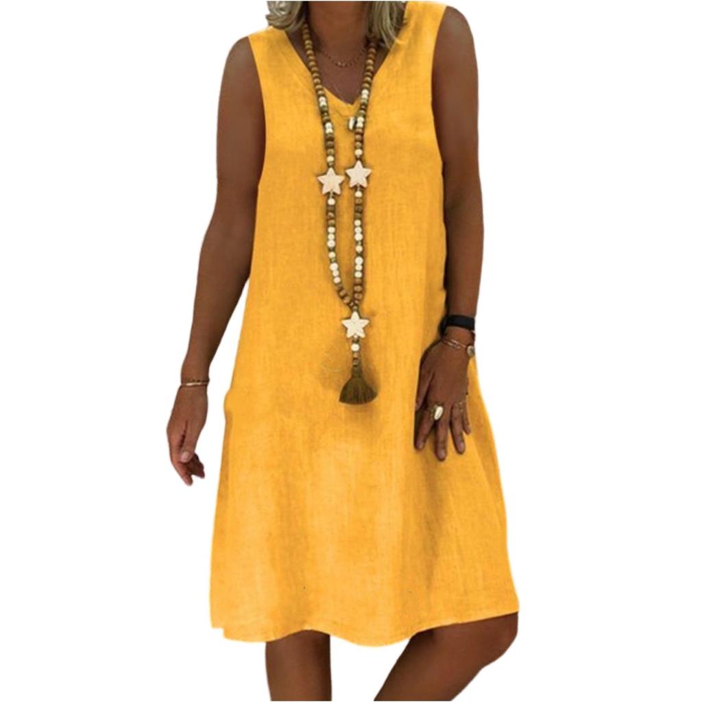 Women's Dresses Color Vintage V-Neck Cotton Sleeveless Vest Dresses