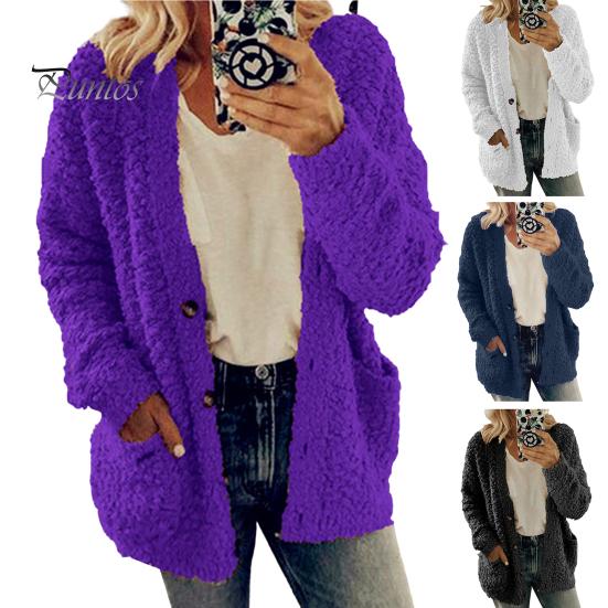 Thicken Women Winter Coat Plush Solid Color Long Sleeves Cozy Lady Keep Warm Cardigan Plus Size Single-breasted for Outdoor