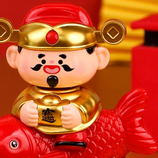 Solar God of Wealth Figurine Golden Red Carp Auto Nodding Fortune God Statue Chinese New Year Spring Festival Desktop Decoration