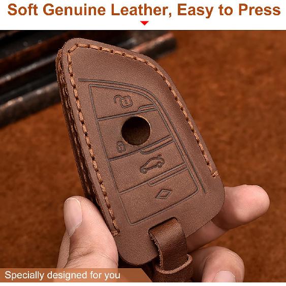 OLLEN  Leather No Screws Key Fob Cover Fit for BMW 5 6 7 Series X1 X2 X3 X5 X6 GT Series etc, Blade Shape, Brown